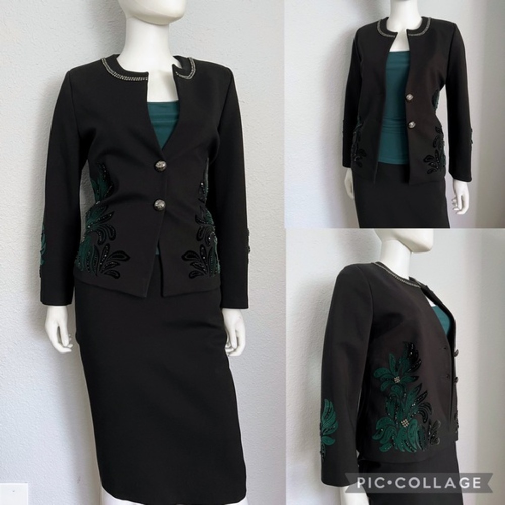 NWT WOMEN SKIRT SUIT 3P SET BLACK BLAZER/SKIRT LINED LONG‎ SLEEVES ROUND NECK
